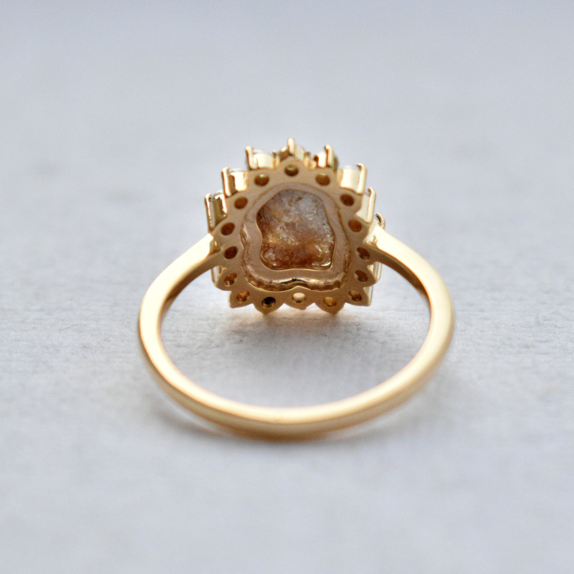 1.3 Carat Chocolate Brown Rough Diamond Ring with Fresh Water Pearl Halo