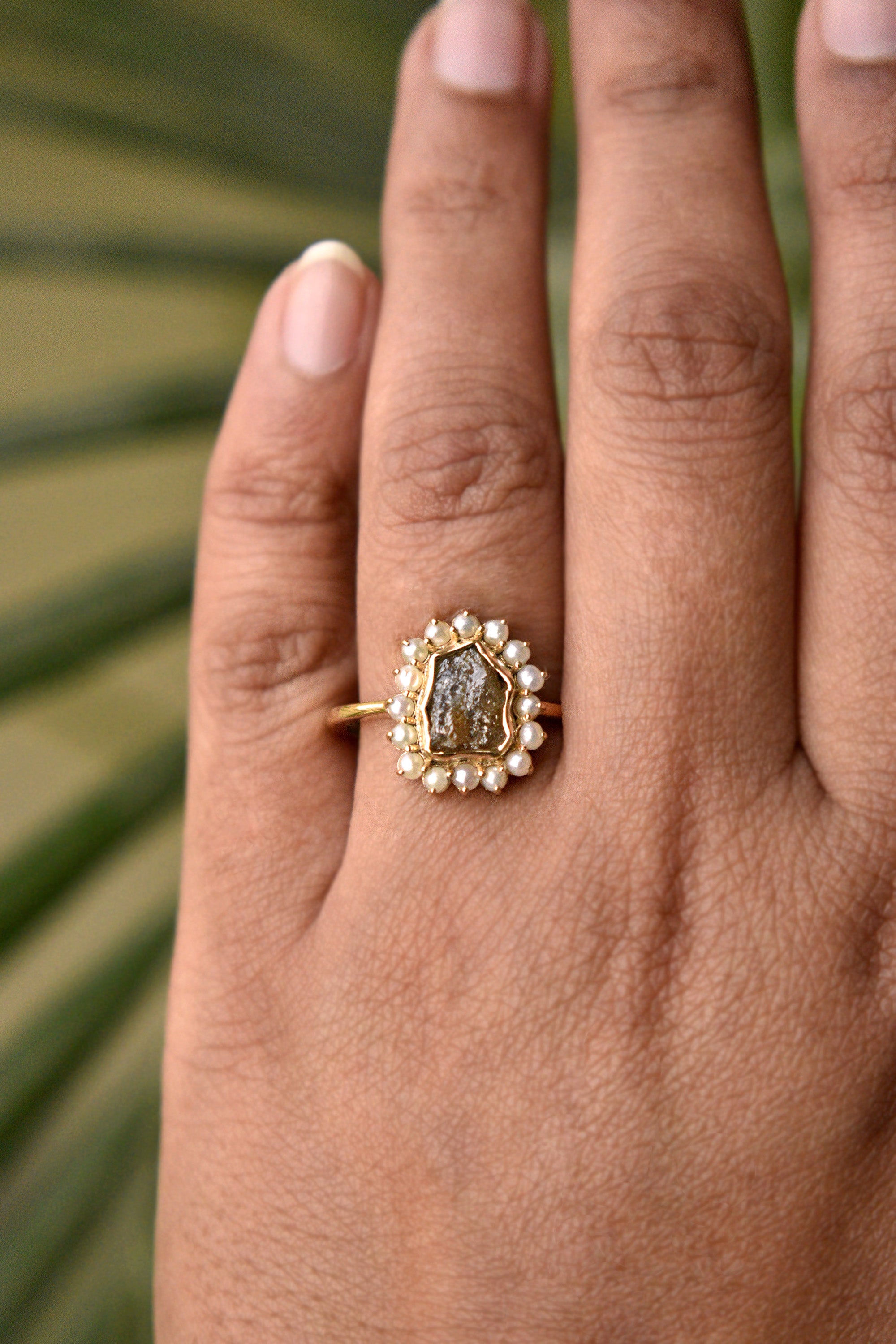 1.3 Carat Chocolate Brown Rough Diamond Ring with Fresh Water Pearl Halo