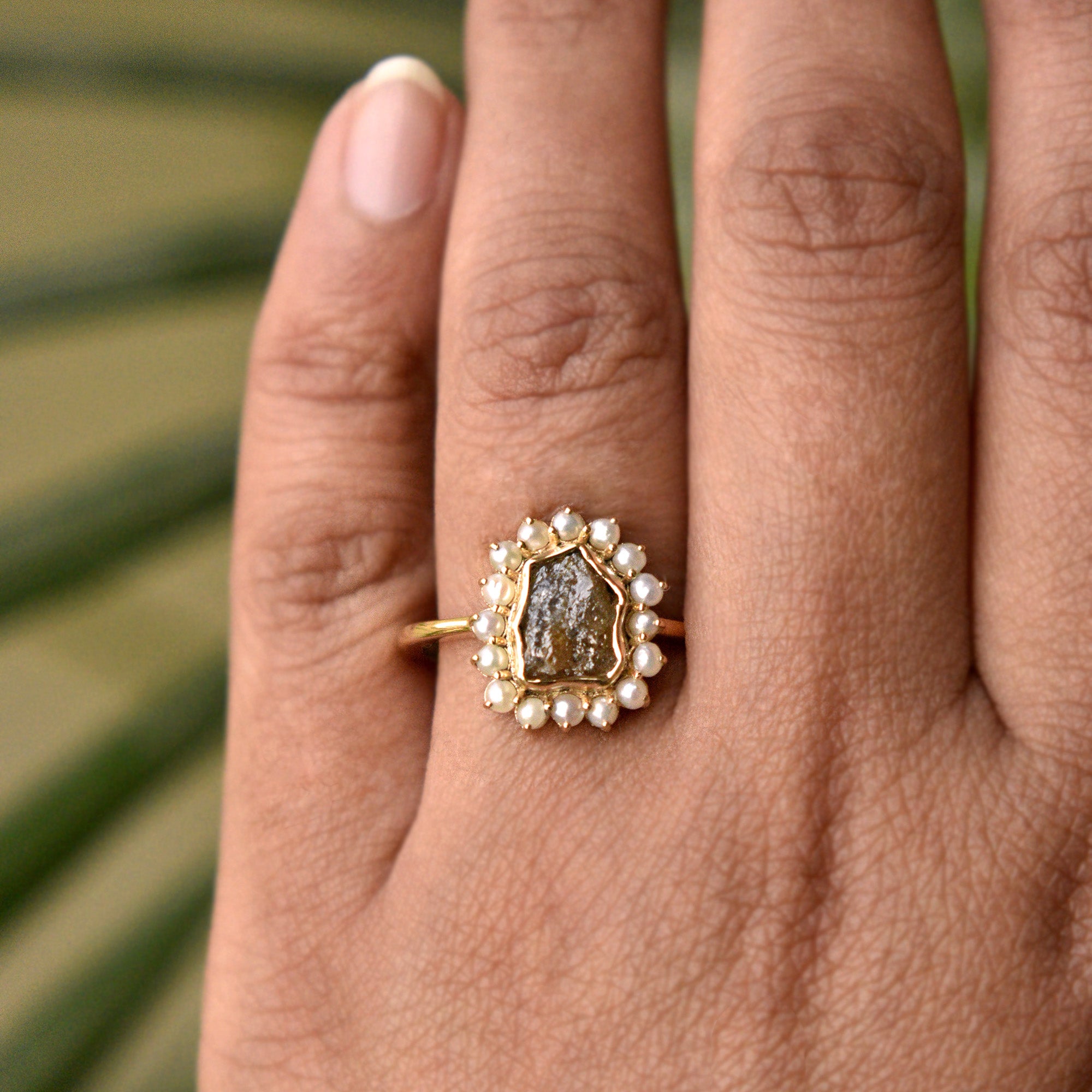 1.3 Carat Chocolate Brown Rough Diamond Ring with Fresh Water Pearl Halo