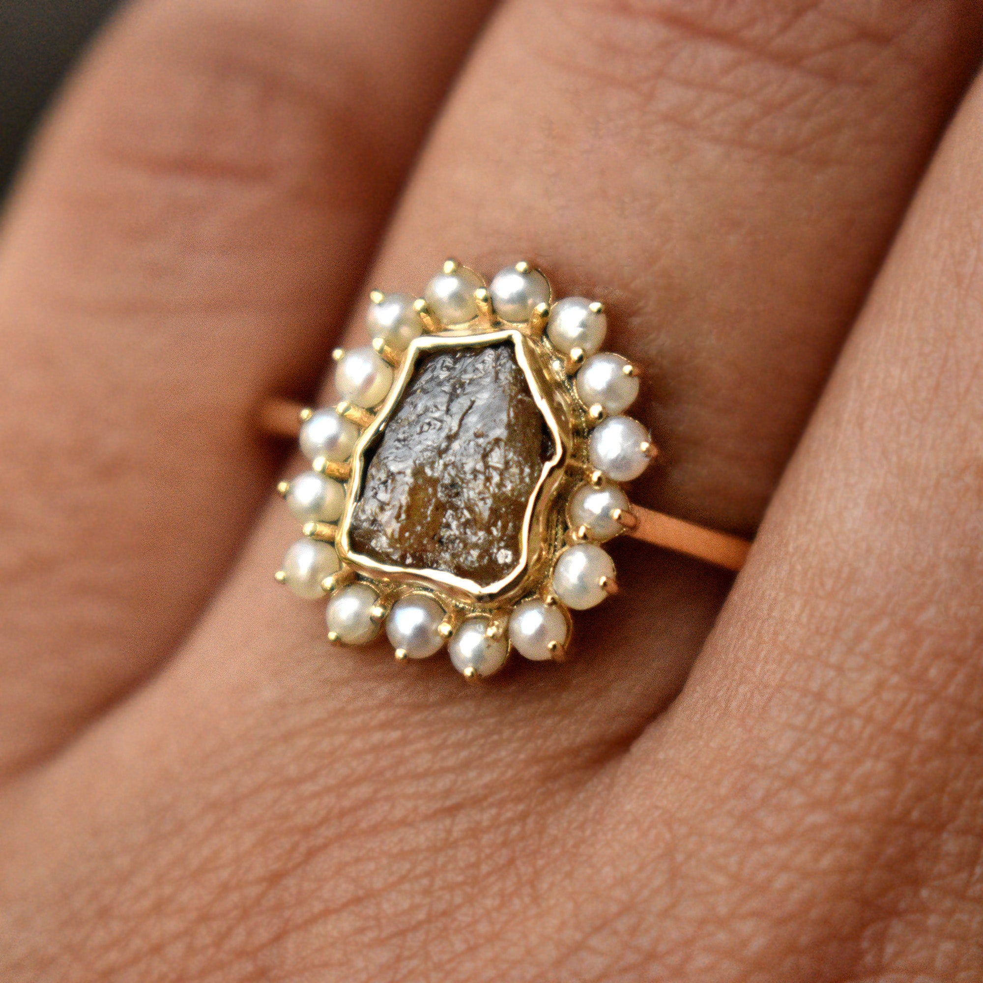 1.3 Carat Chocolate Brown Rough Diamond Ring with Fresh Water Pearl Halo