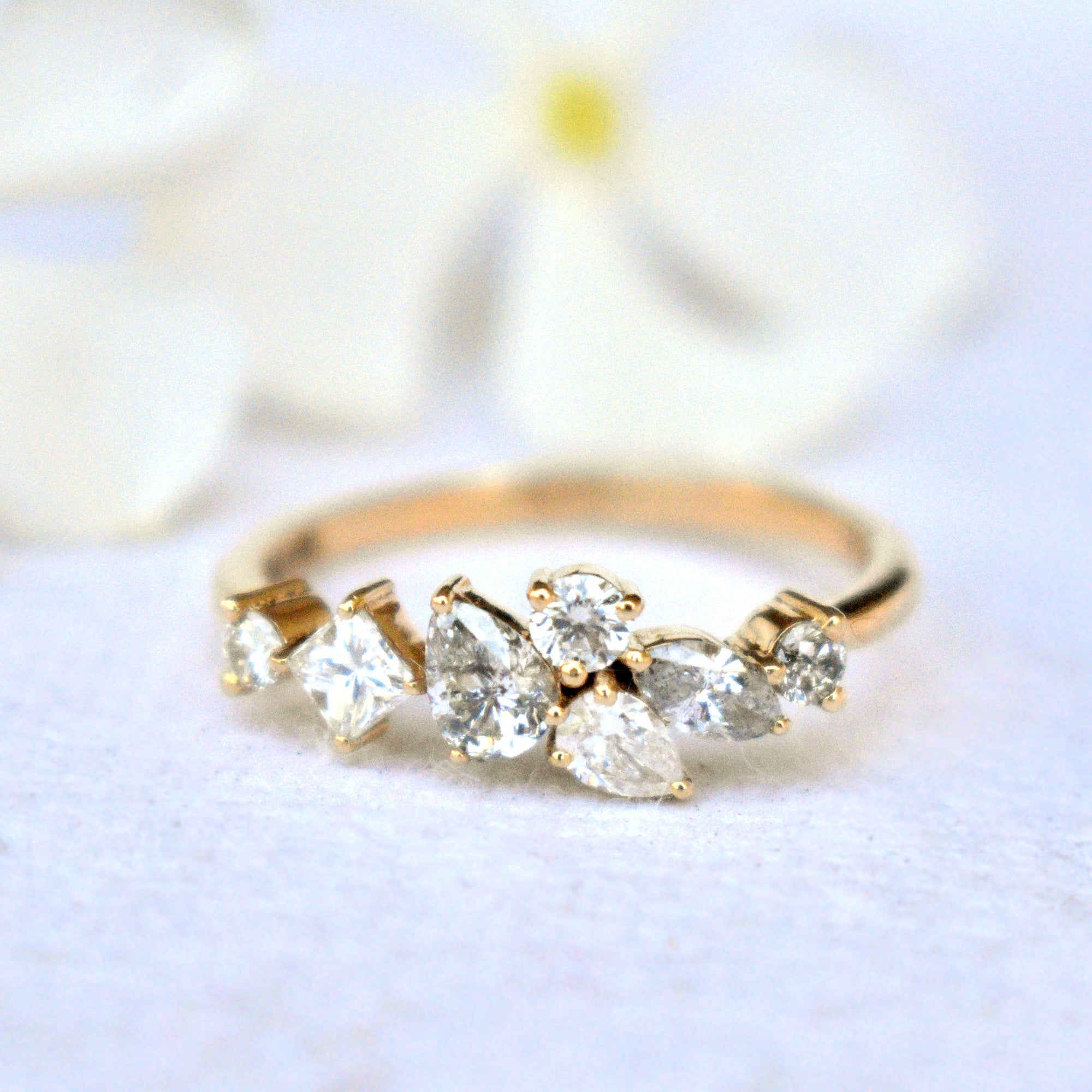 Multi Stone Asymmetric Cluster Ring in Solid Gold with Salt & Pepper and White Fancy Cut Diamonds