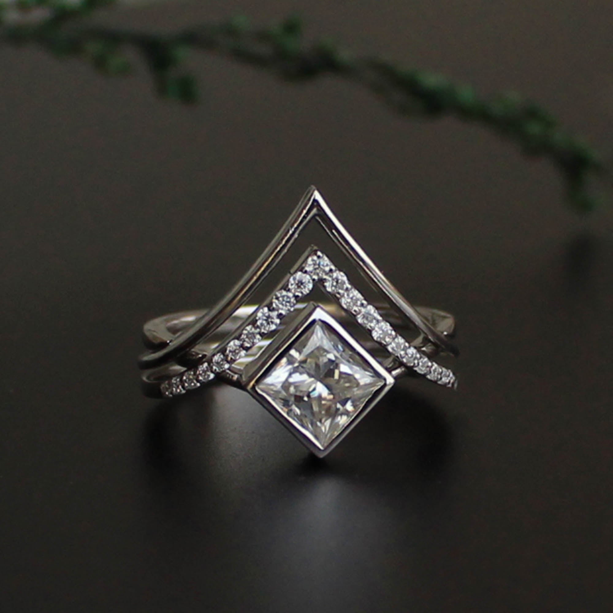 5mm Princess Moissanite Engagement Ring Set, 3pc Interlocking Crossover Ring Set
