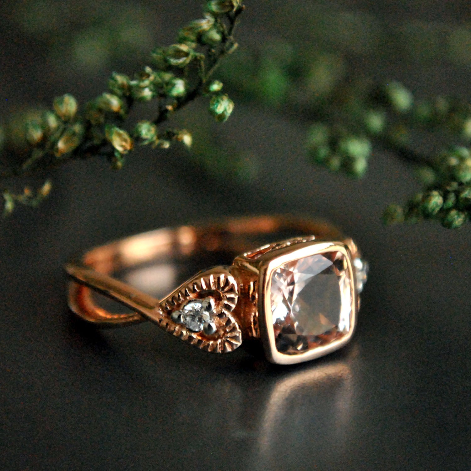 Rose Gold Cushion Morganite Ring with Accent Diamond in Heart Shape