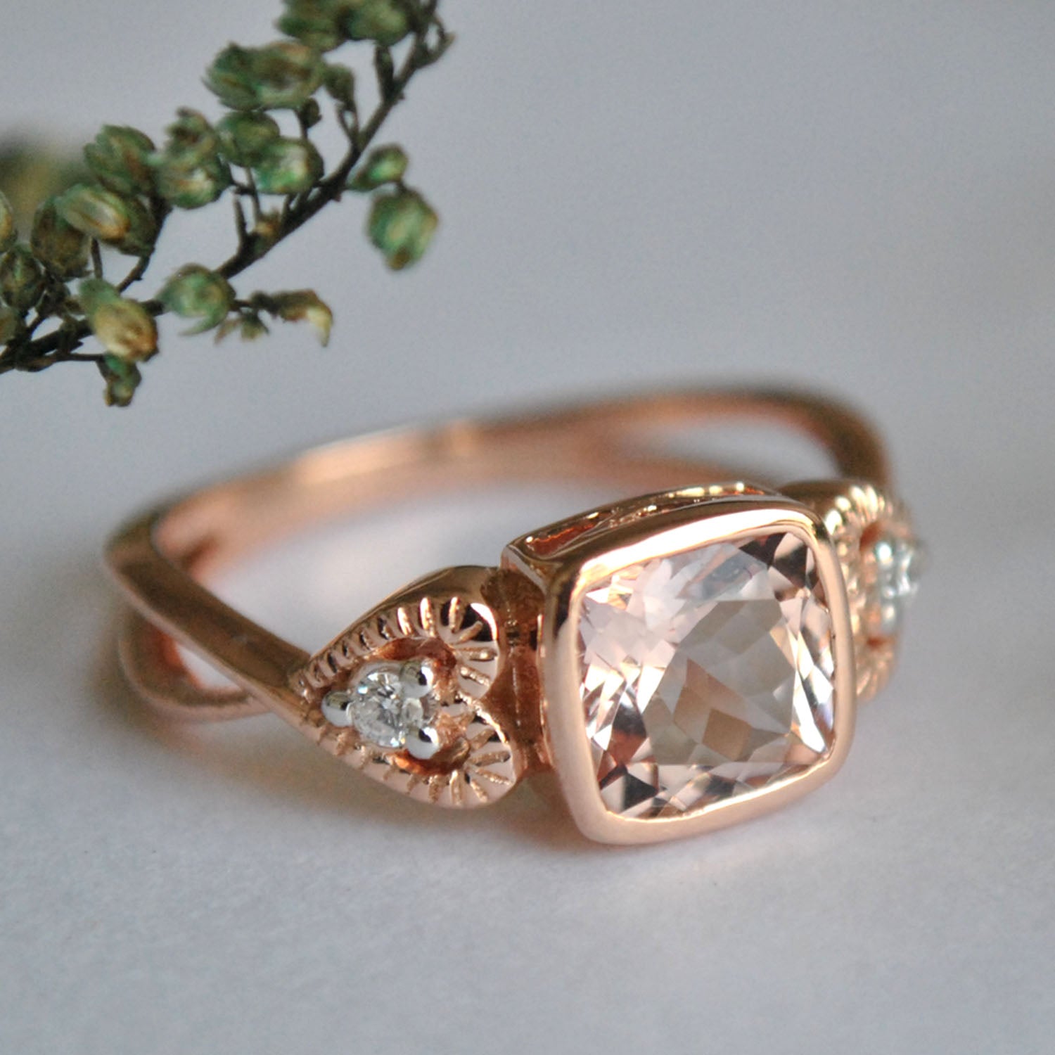 Rose Gold Cushion Morganite Ring with Accent Diamond in Heart Shape