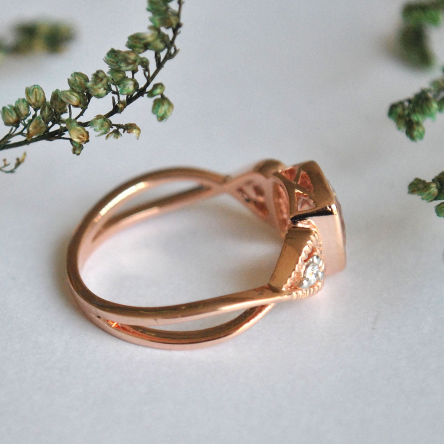Rose Gold Cushion Morganite Ring with Accent Diamond in Heart Shape