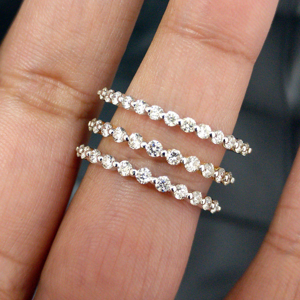 SET OF 2 Solid Gold & Diamond Wedding Bands, Half Eternity Single Prong and Micropave Band Ring Set