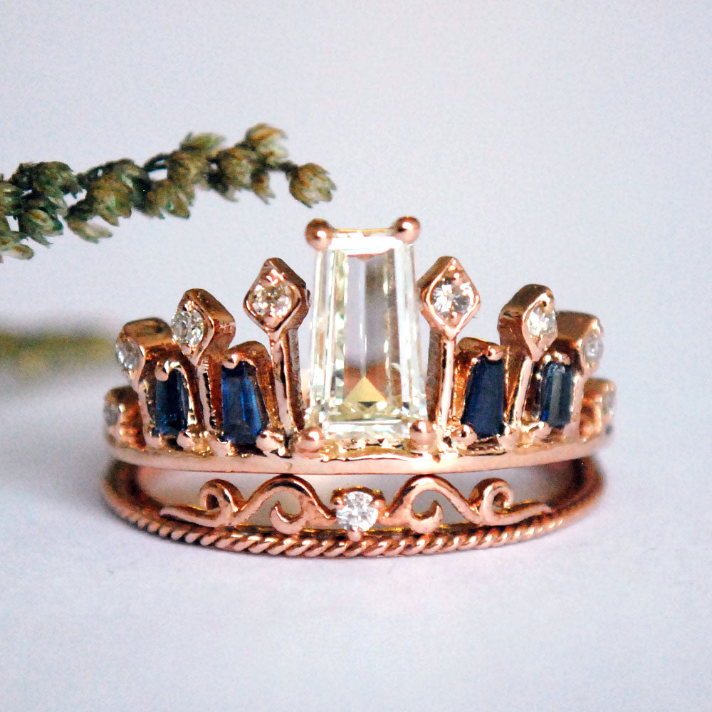 Tapered Solitaire Baguette Diamond with Blue Sapphire and Crown Ring Wedding Set