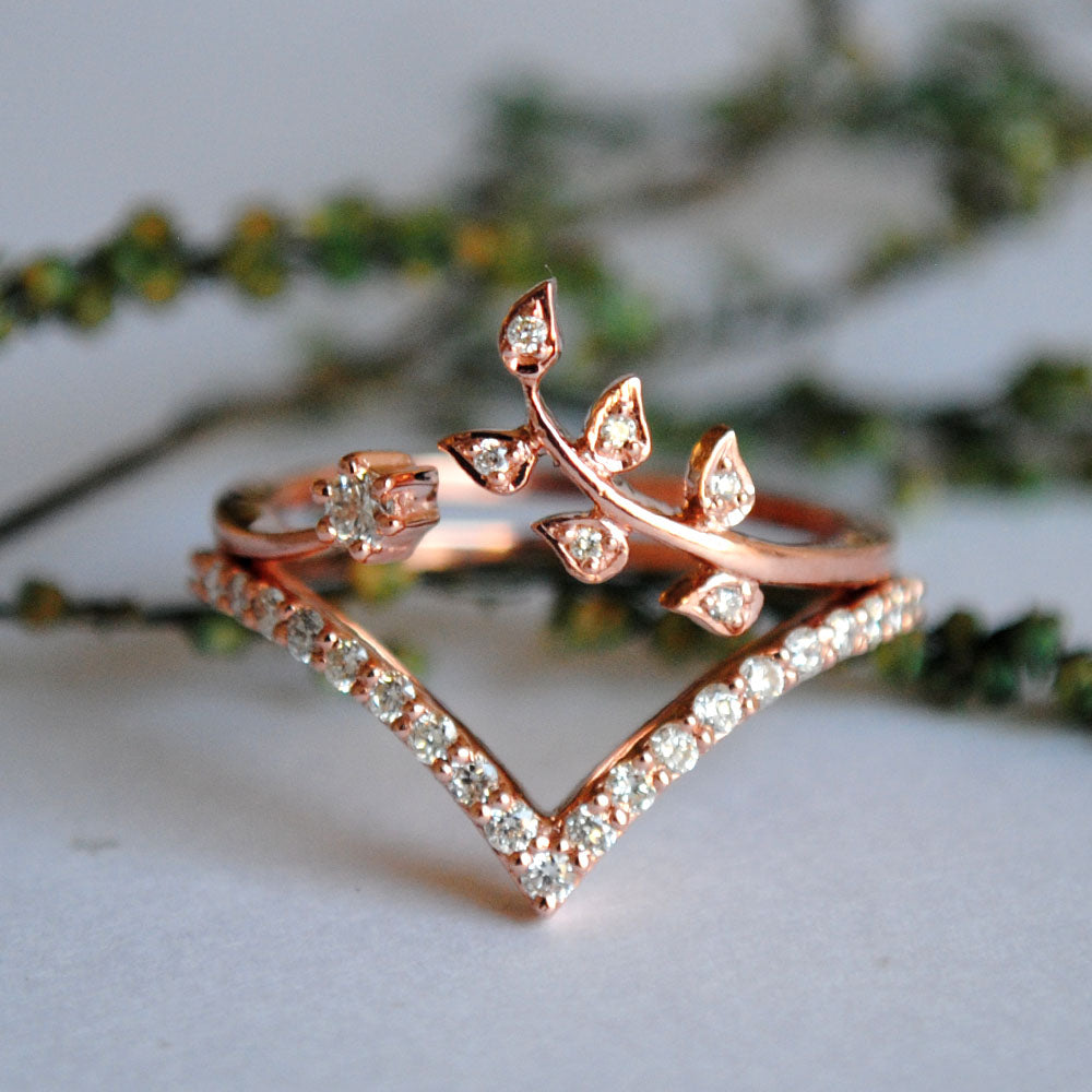 Two piece Leaf and Chevron Ring Set