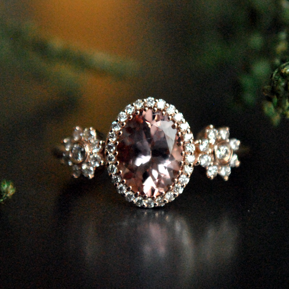 Oval Morganite with Diamond Halo Floral Ring