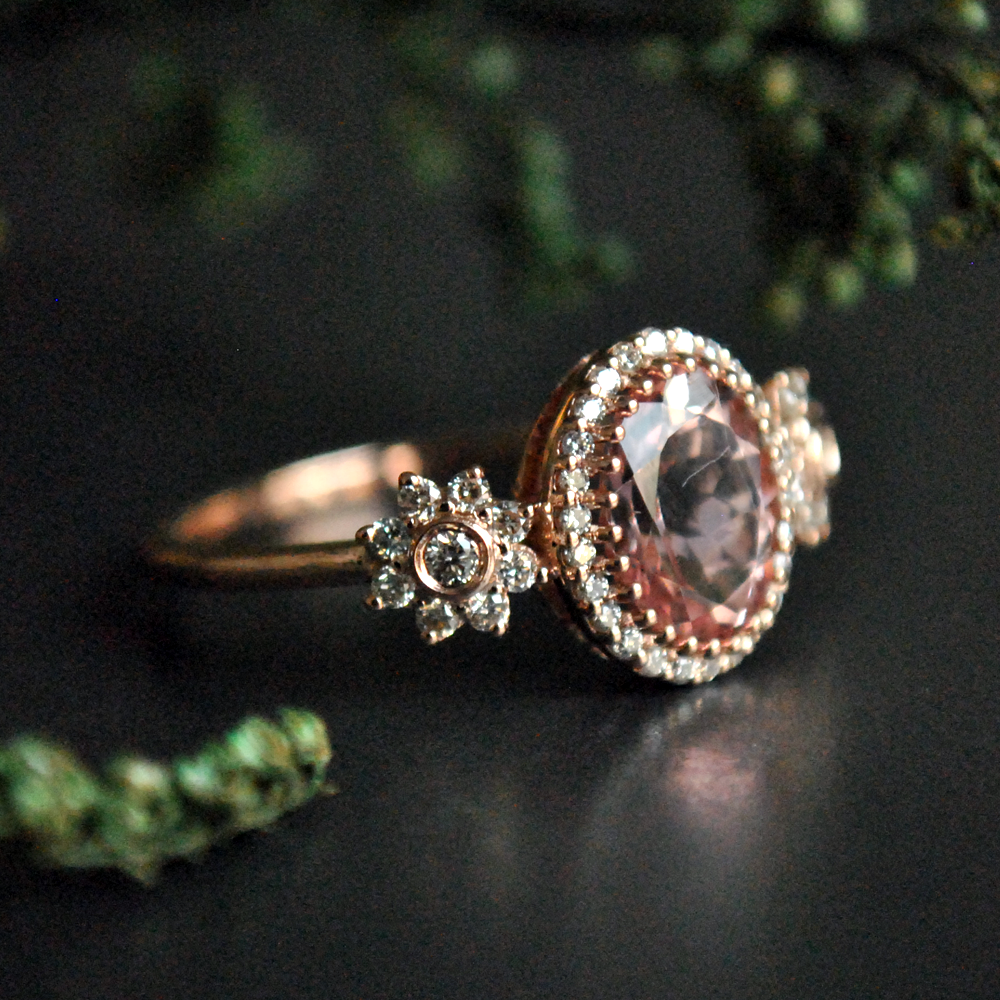 Oval Morganite with Diamond Halo Floral Ring