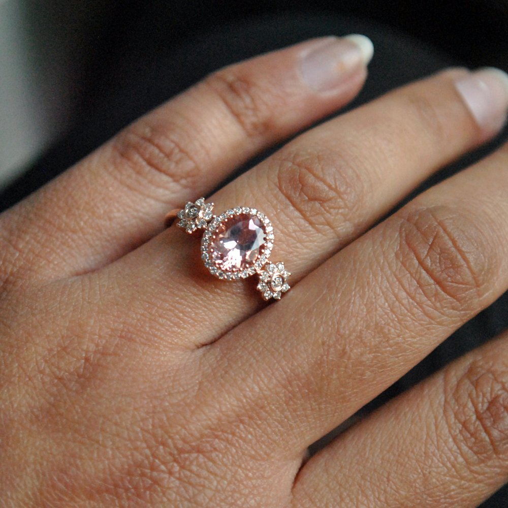 Oval Morganite with Diamond Halo Floral Ring