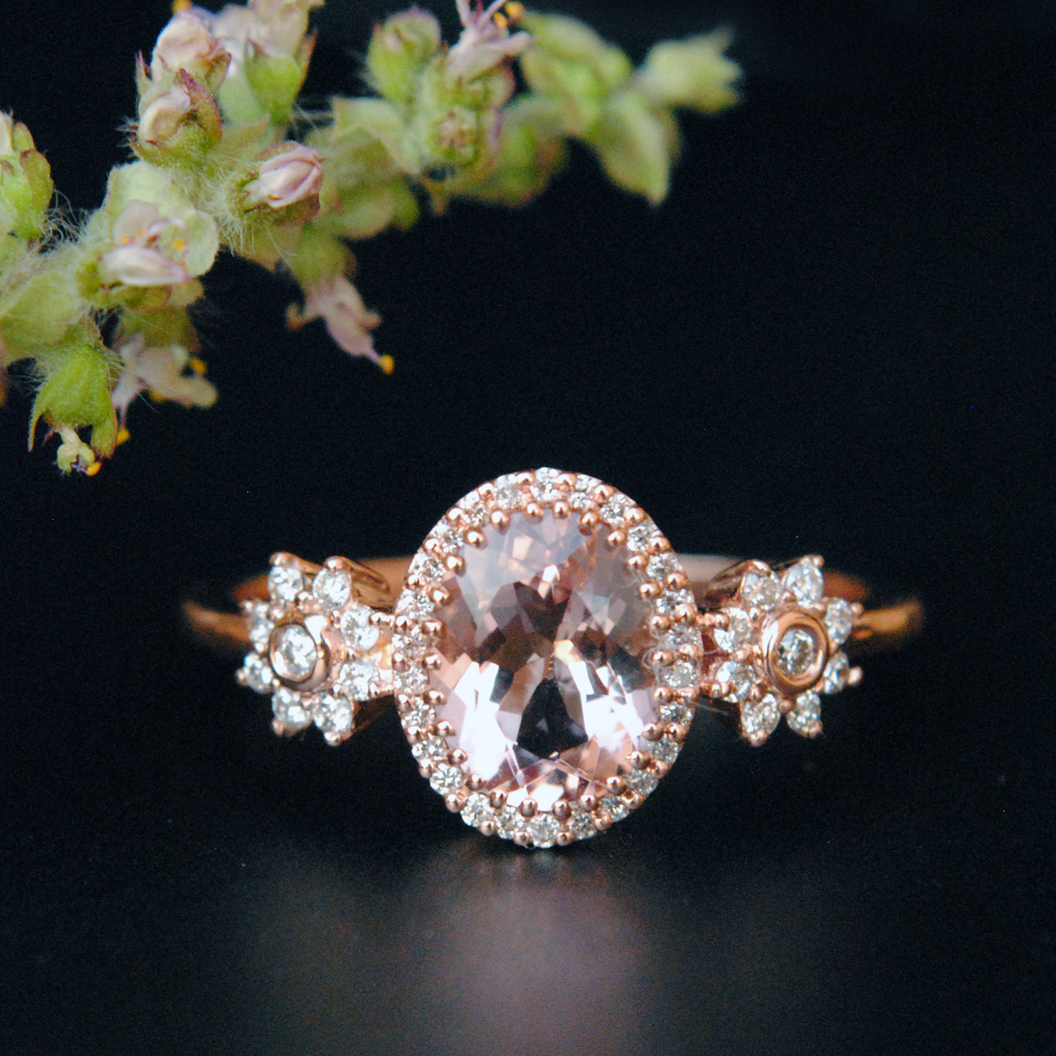 Oval Morganite with Diamond Halo Floral Ring