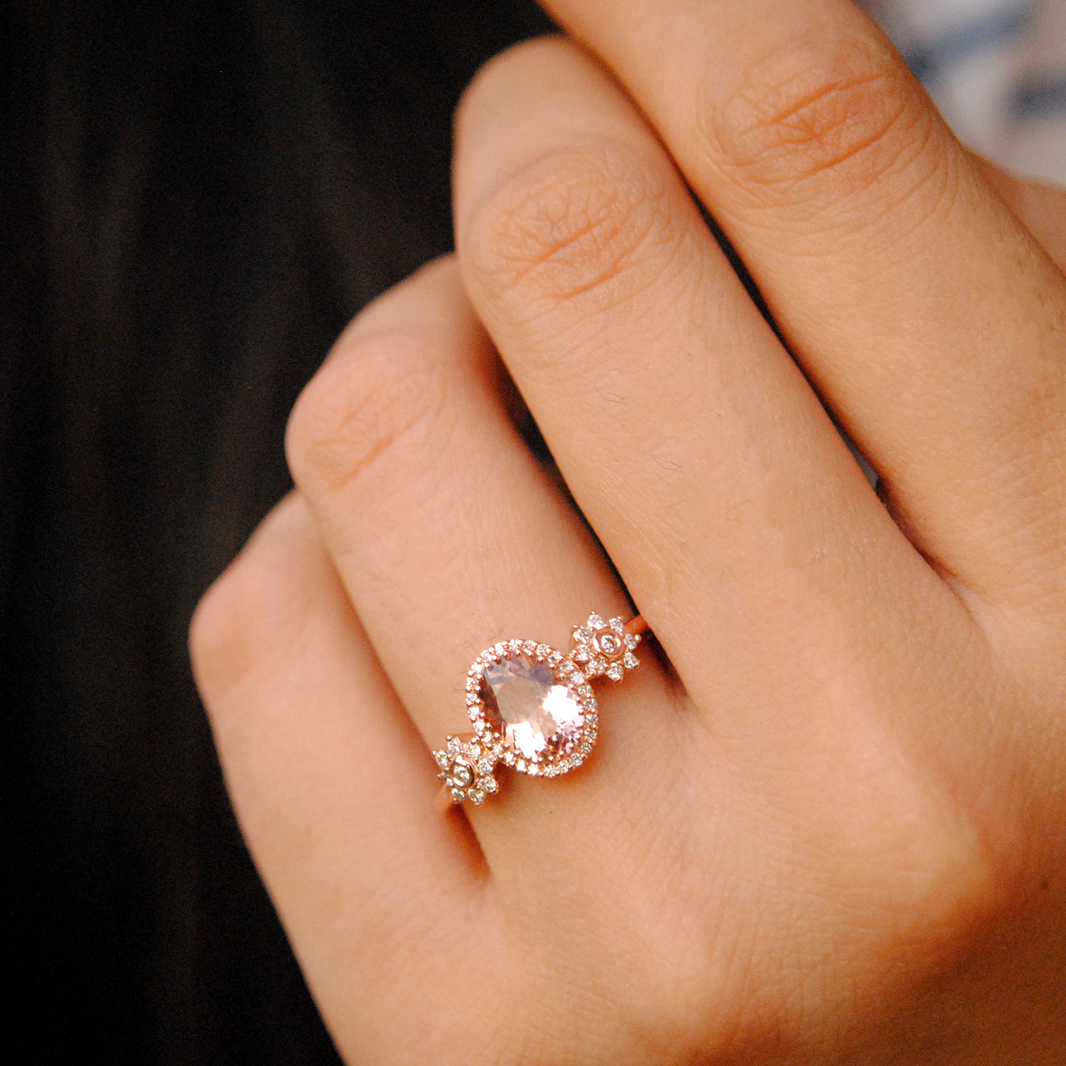 Oval Morganite with Diamond Halo Floral Ring