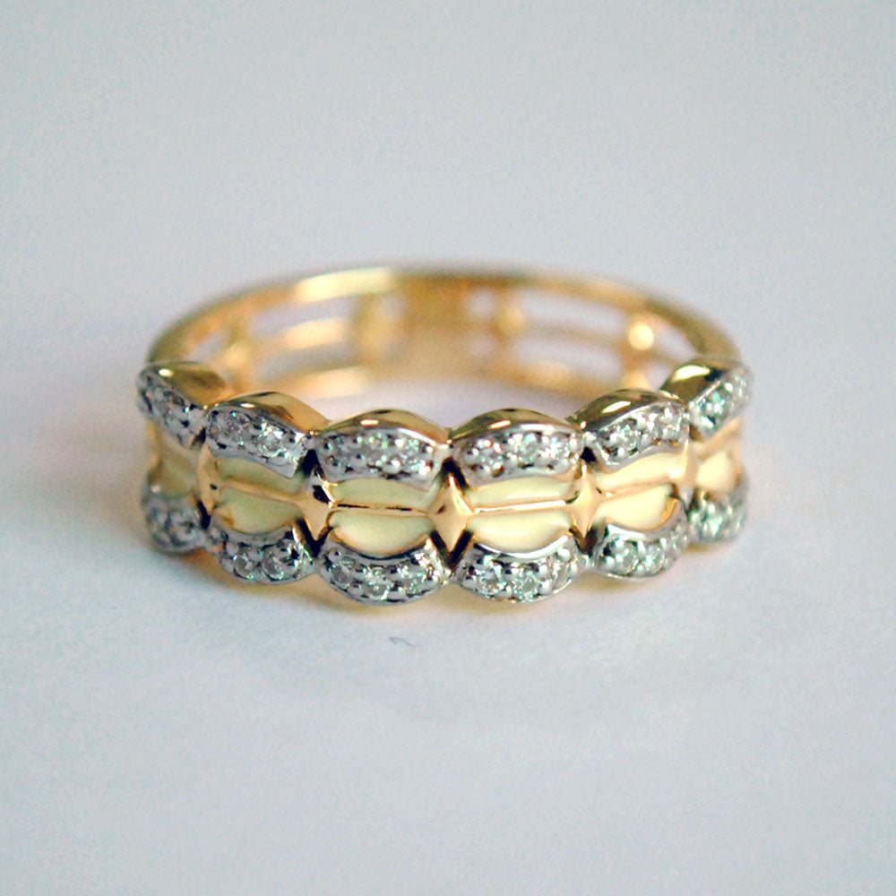 Broad Scalloped White Enamel and Diamond Band
