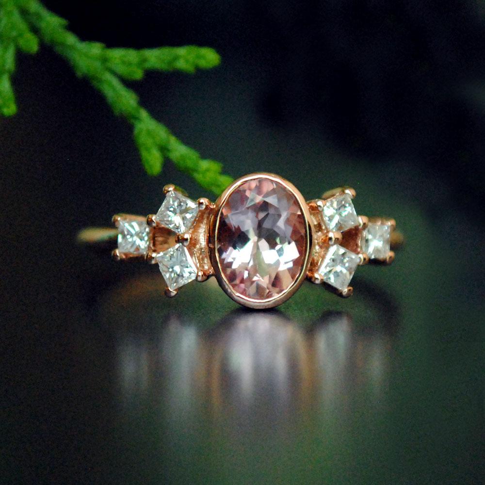 Oval Morganite Ring with Princess Diamond Cluster
