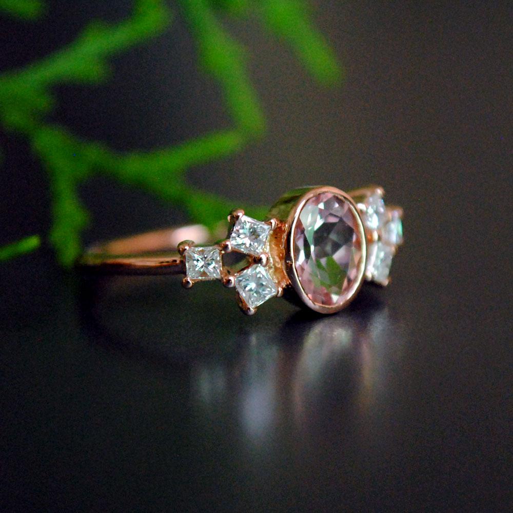 Oval Morganite Ring with Princess Diamond Cluster