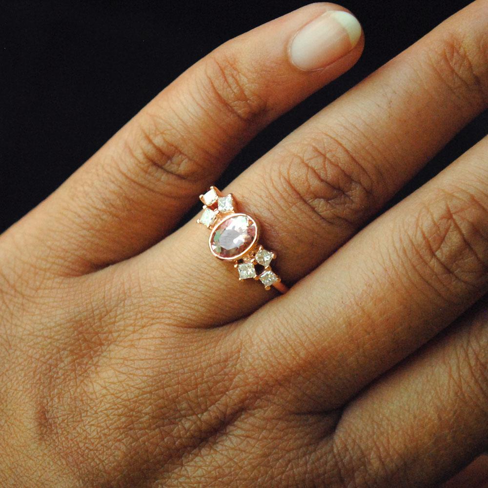 Oval Morganite Ring with Princess Diamond Cluster