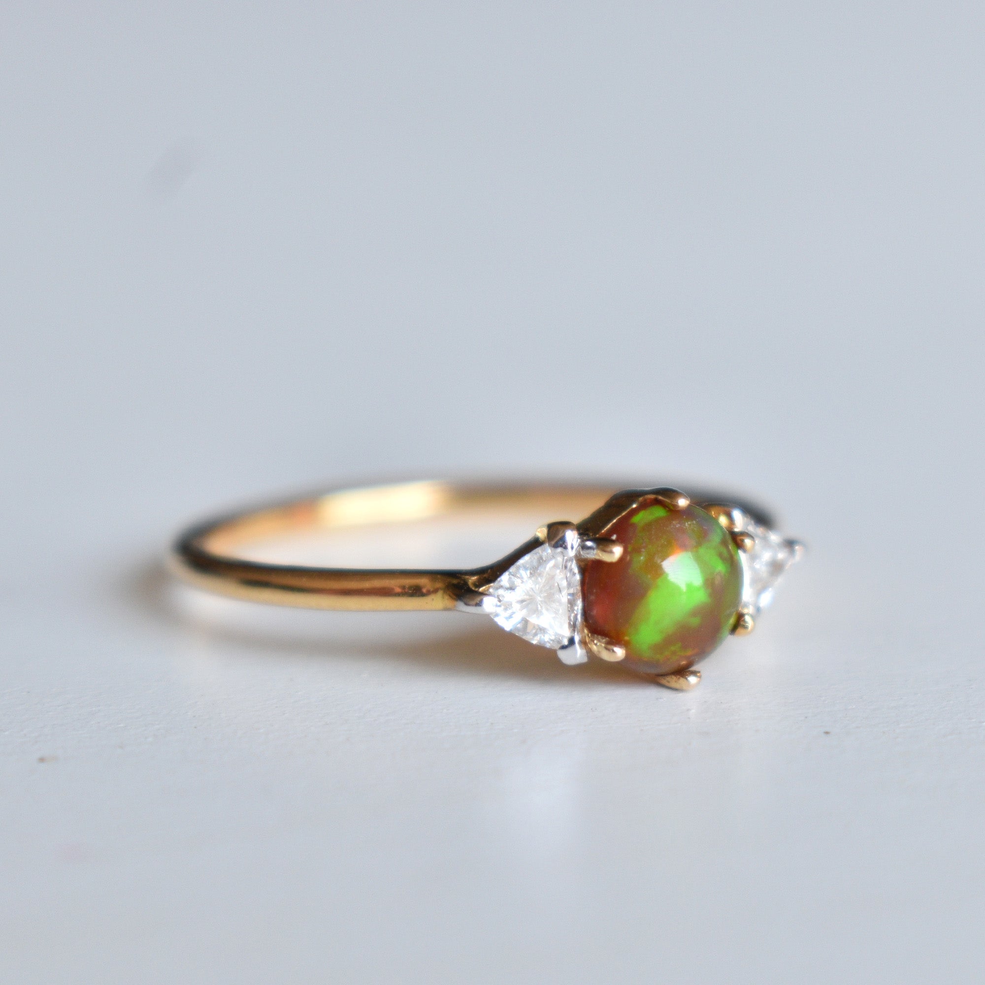 Natural Opal and Trillion Diamond 3 Stone Engagement Ring