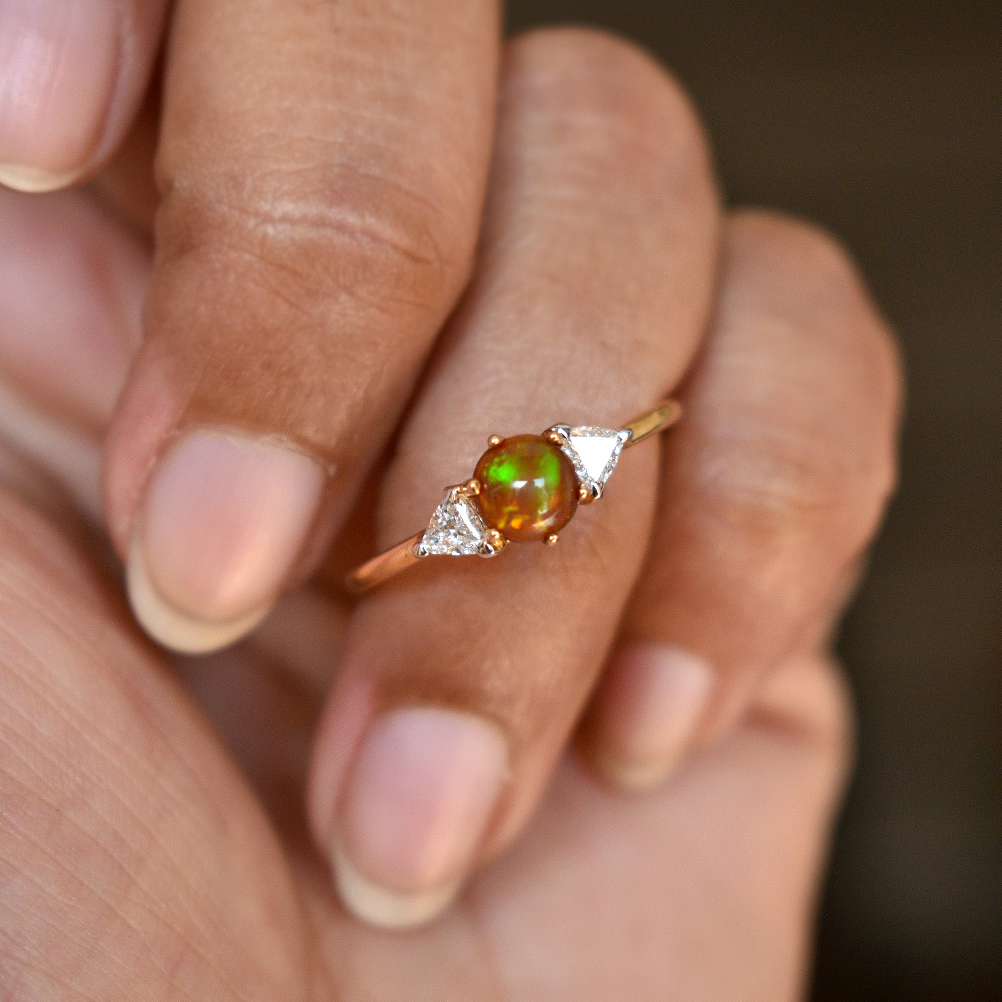 Natural Opal and Trillion Diamond 3 Stone Engagement Ring
