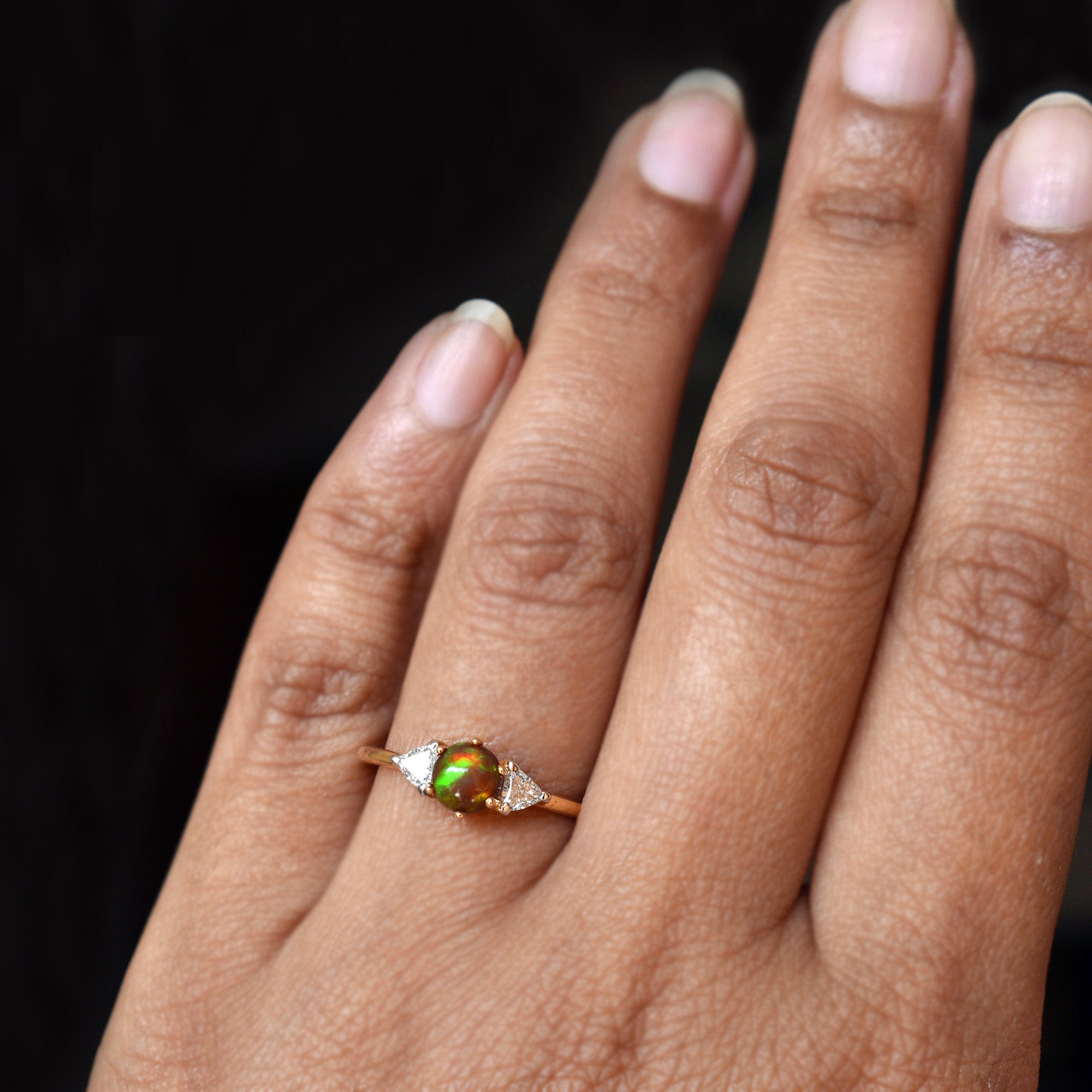 Natural Opal and Trillion Diamond 3 Stone Engagement Ring
