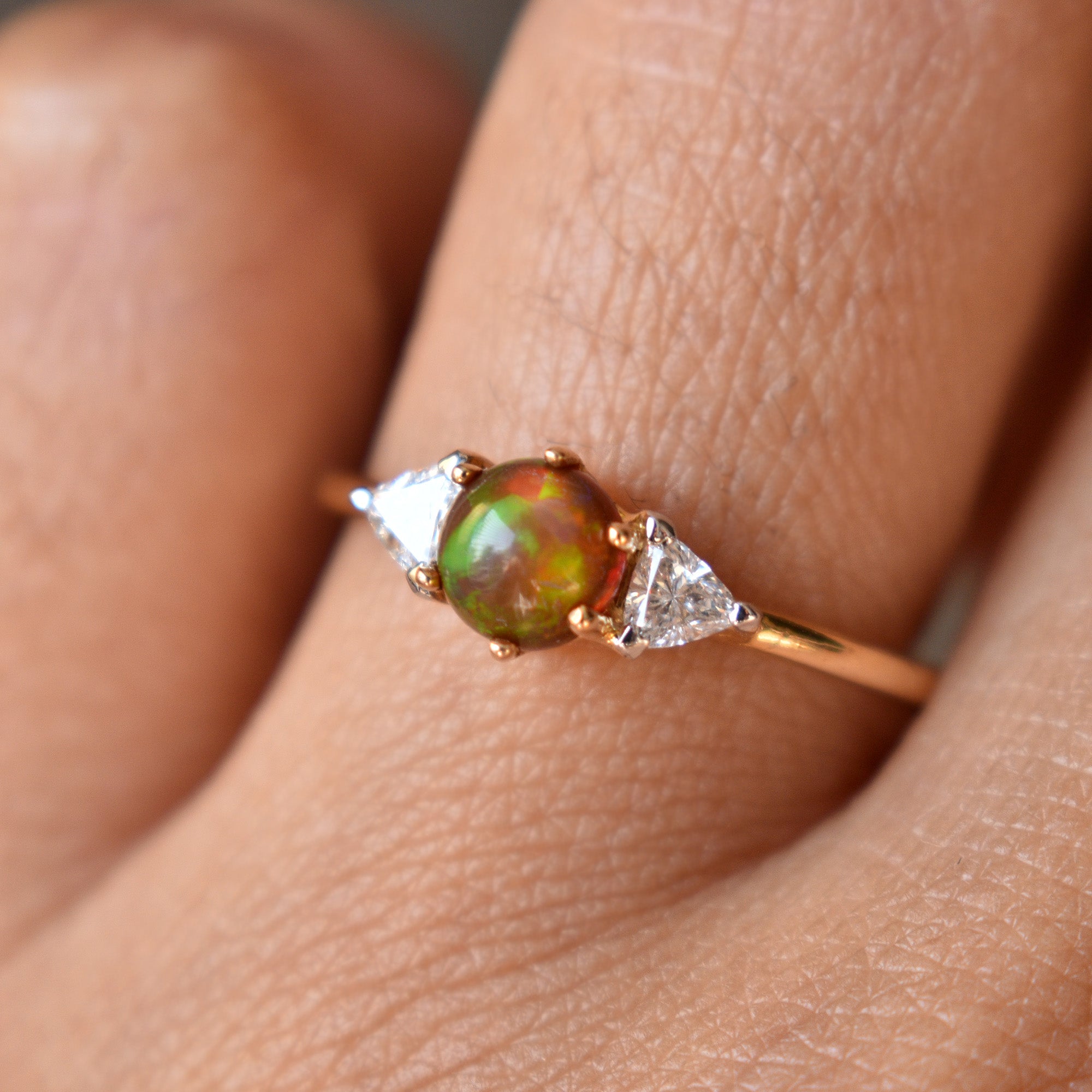 Natural Opal and Trillion Diamond 3 Stone Engagement Ring