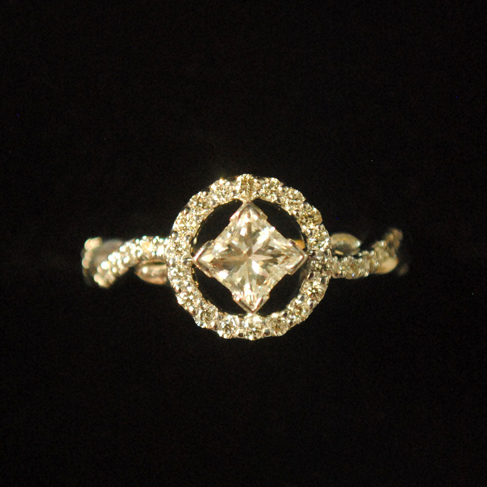 Princess Cut with Round Halo and  Twisted Diamond Band Engagement Ring