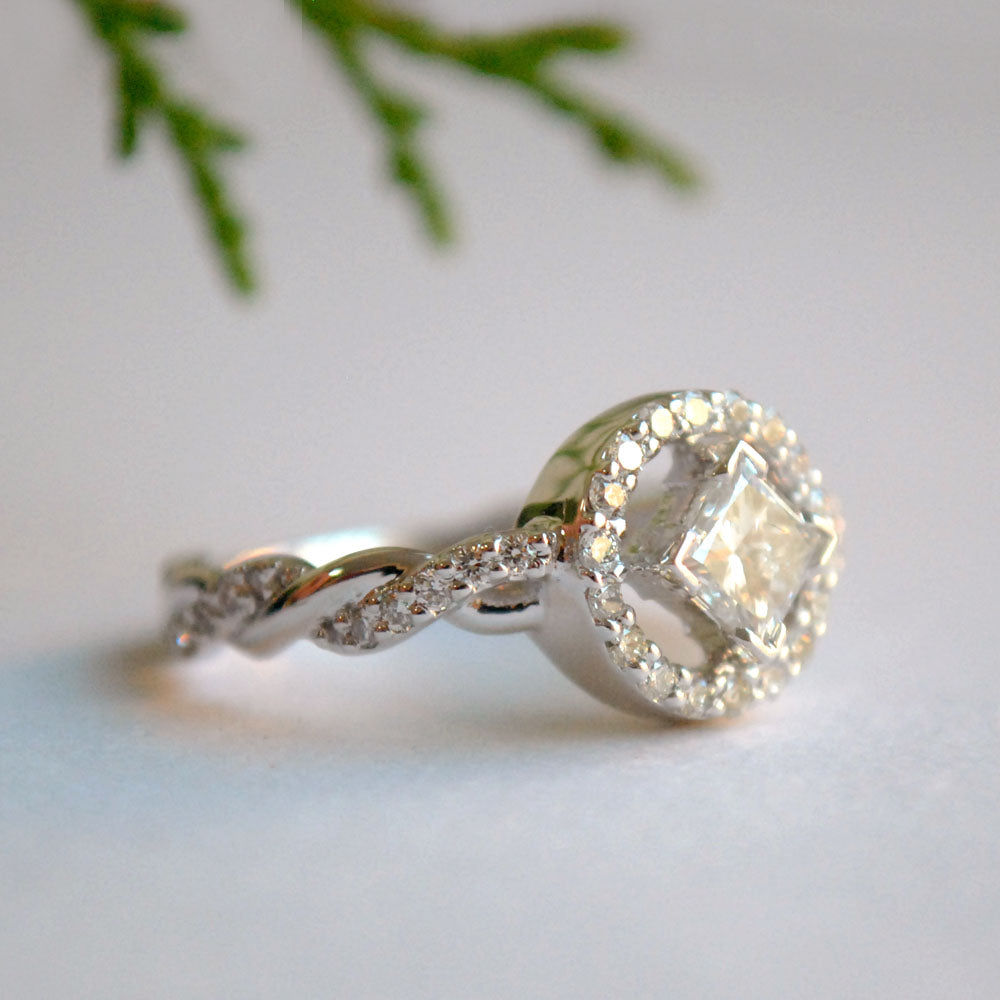 Princess Cut with Round Halo and  Twisted Diamond Band Engagement Ring