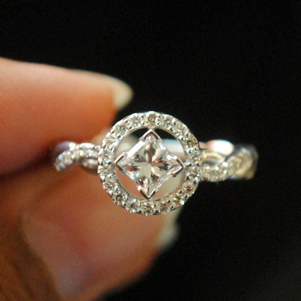 Princess Cut with Round Halo and  Twisted Diamond Band Engagement Ring