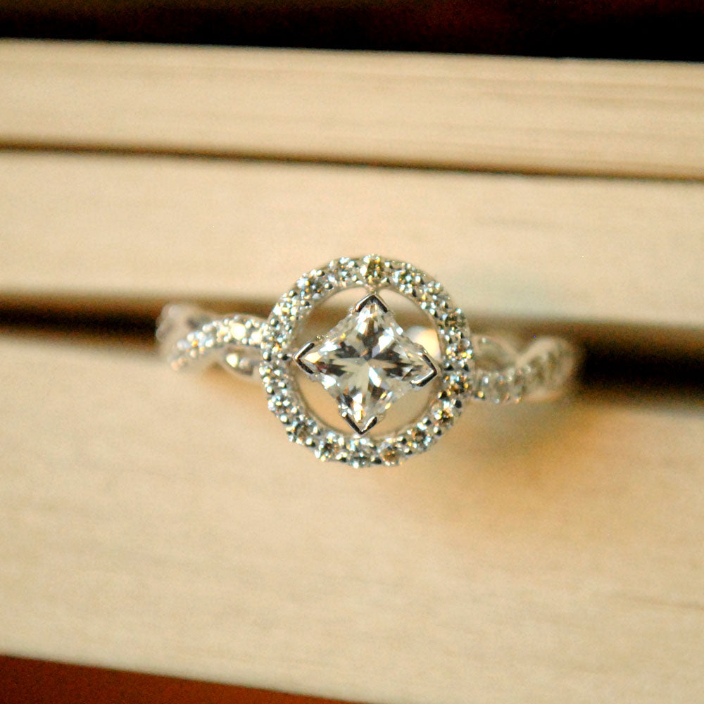 Princess Cut with Round Halo and  Twisted Diamond Band Engagement Ring