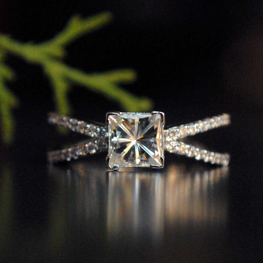 Split Shank Cross Over Double Band 1 Carat Princess cut Moissanite Ring
