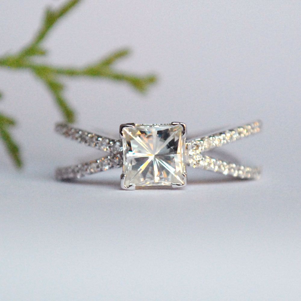 Split Shank Cross Over Double Band 1 Carat Princess cut Moissanite Ring