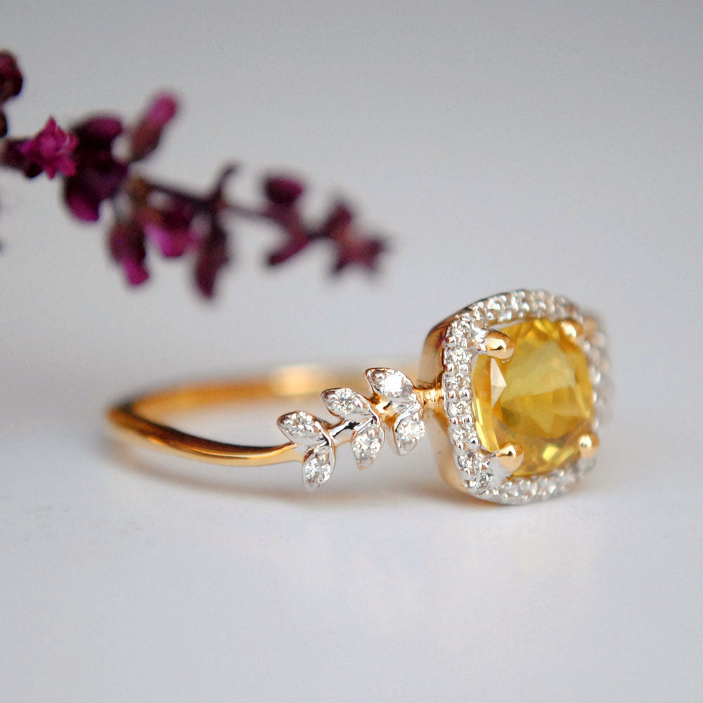 Yellow Sapphire with Diamond Halo Engagement Ring