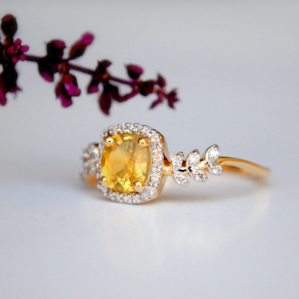 Yellow Sapphire with Diamond Halo Engagement Ring