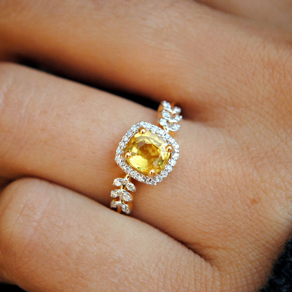Yellow Sapphire with Diamond Halo Engagement Ring
