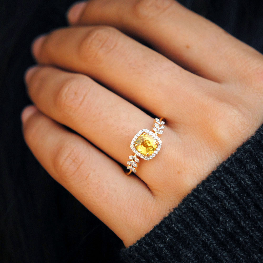 Yellow Sapphire with Diamond Halo Engagement Ring