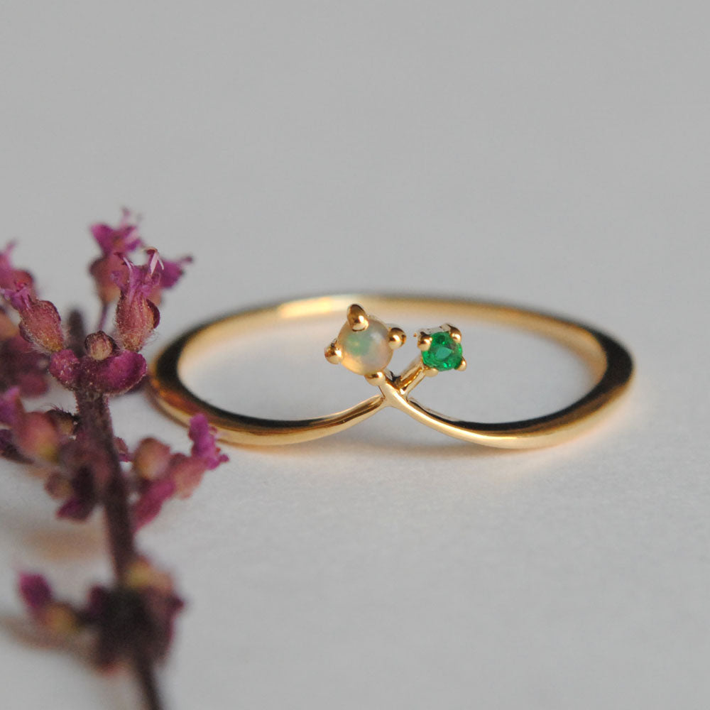 Opal Emerald Chevron V Birthstone Ring, Stackable Bridal 14K Gold and Gemstone Ring, Promise Ring, Bridal Crown Ring