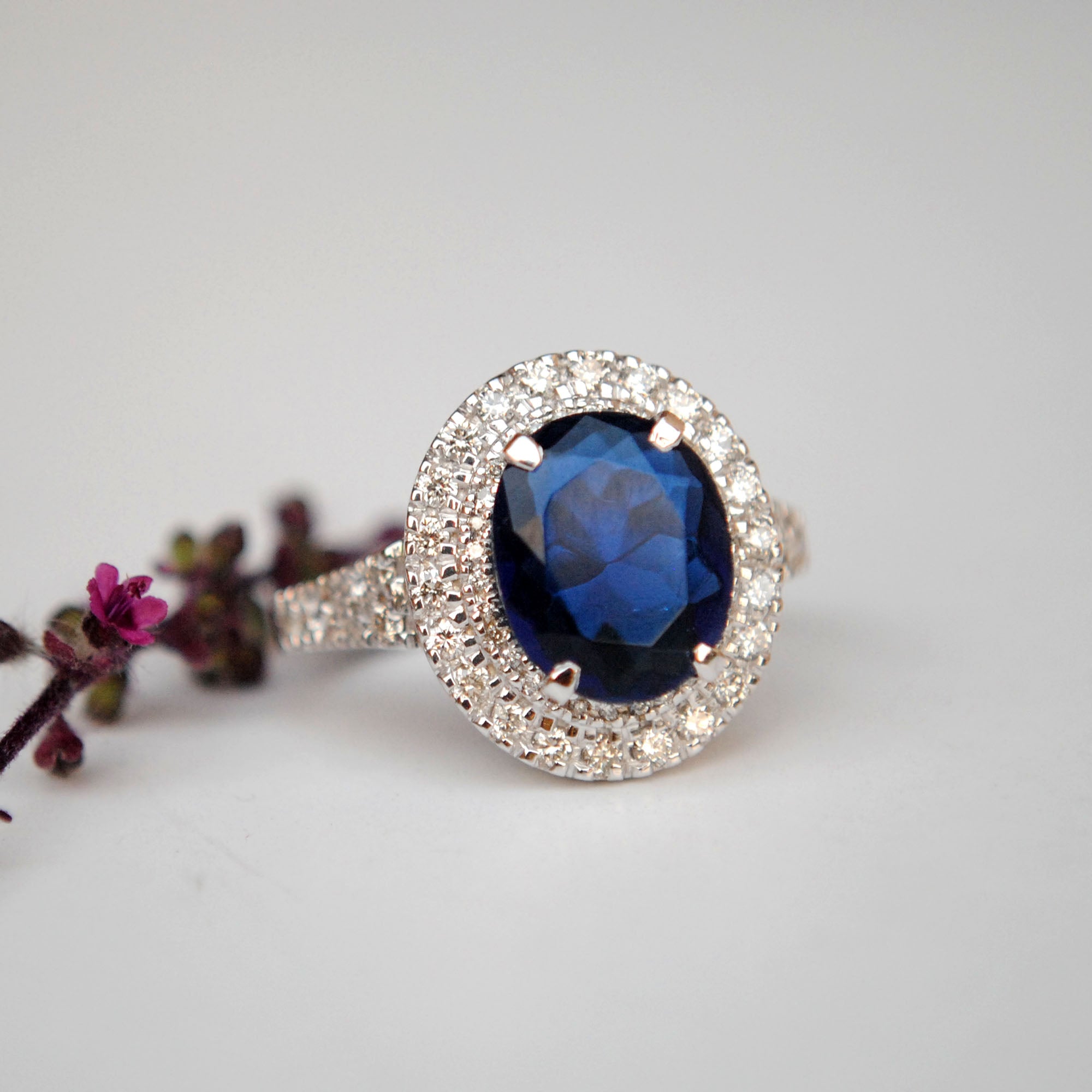 Oval Blue Sapphire & Double Halo with Diamond Studded Shank Engagement Ring