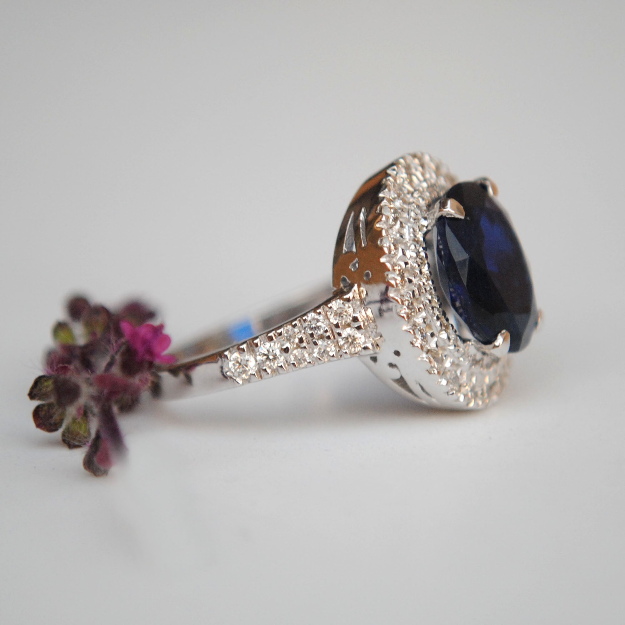 Oval Blue Sapphire & Double Halo with Diamond Studded Shank Engagement Ring