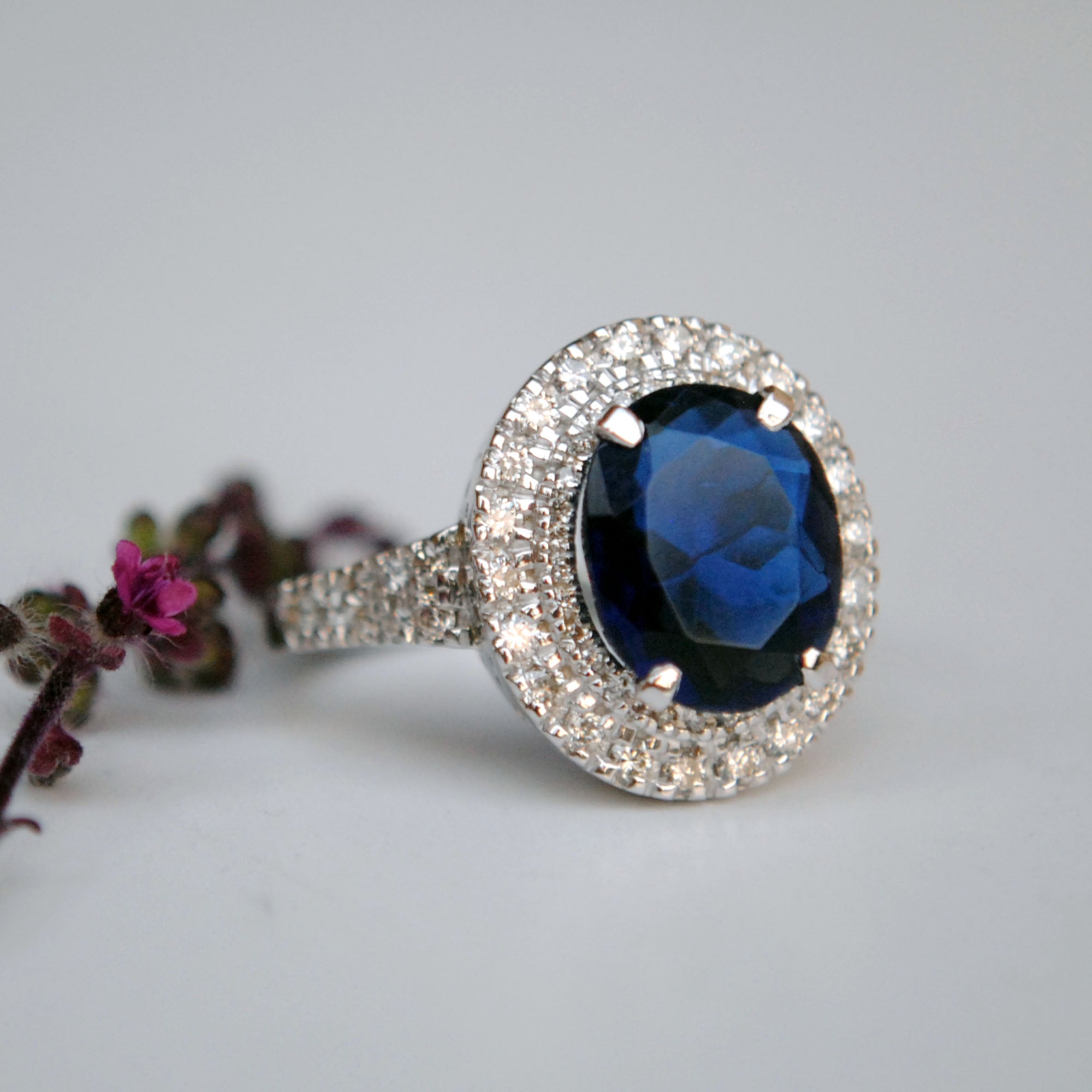 Oval Blue Sapphire & Double Halo with Diamond Studded Shank Engagement Ring