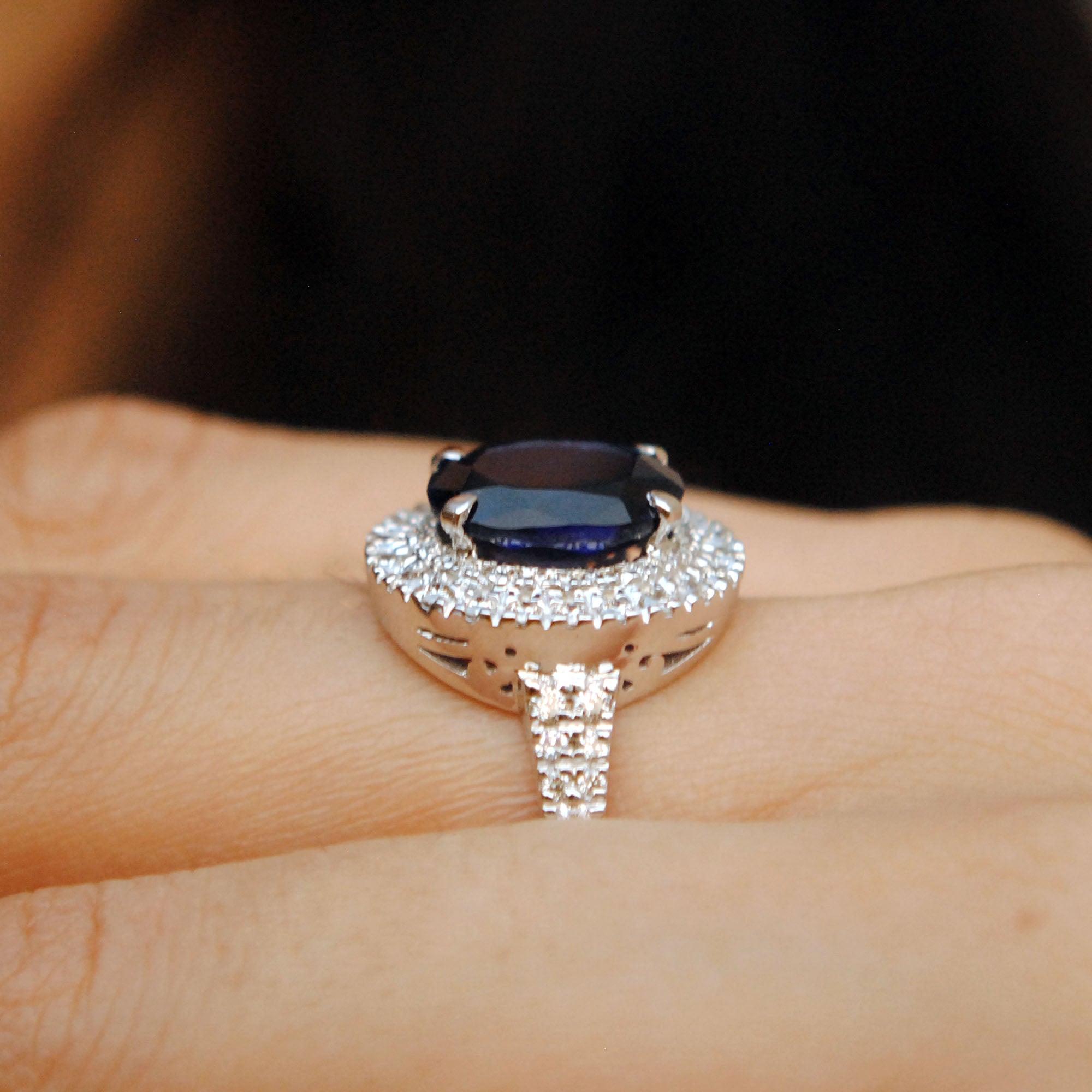 Oval Blue Sapphire & Double Halo with Diamond Studded Shank Engagement Ring