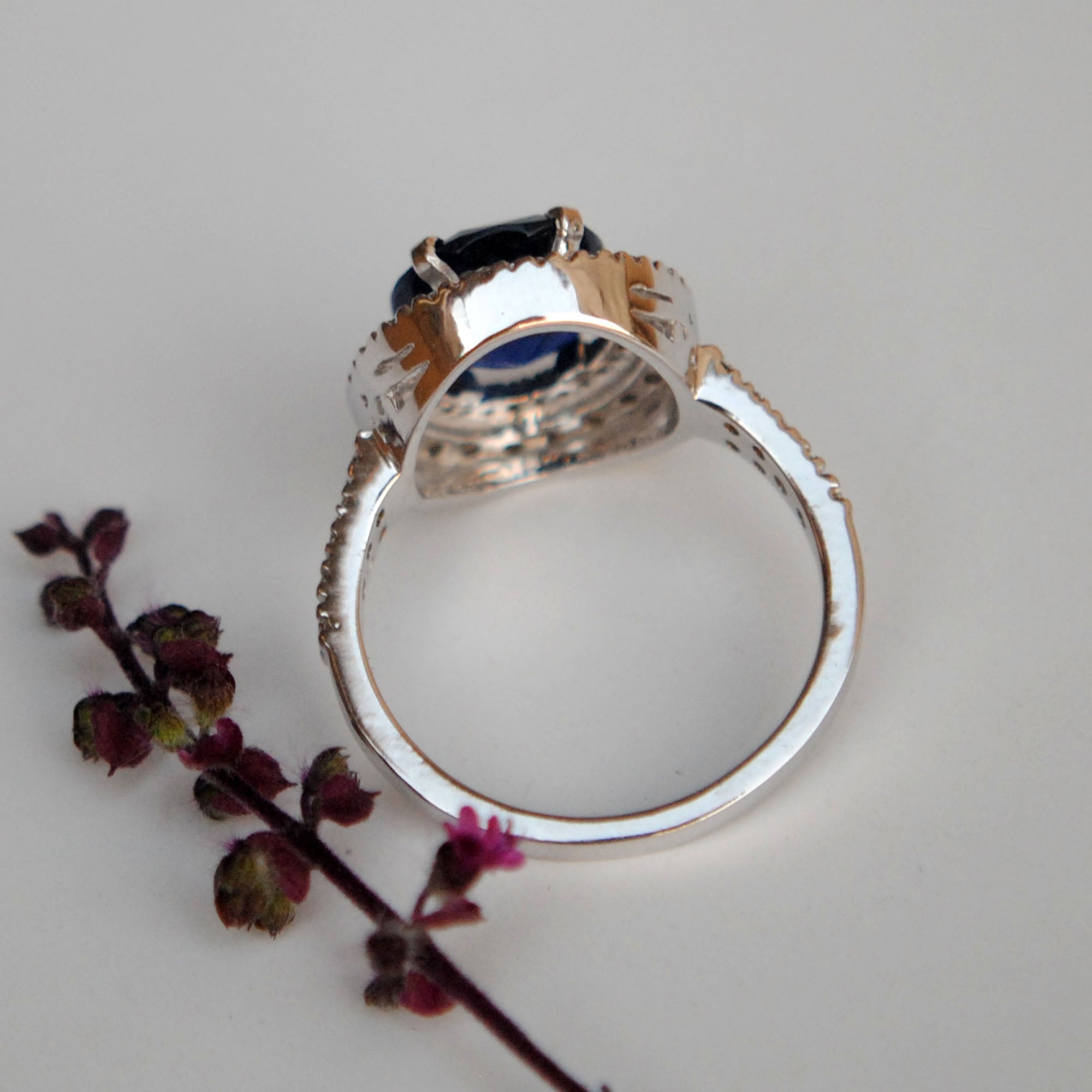 Oval Blue Sapphire & Double Halo with Diamond Studded Shank Engagement Ring