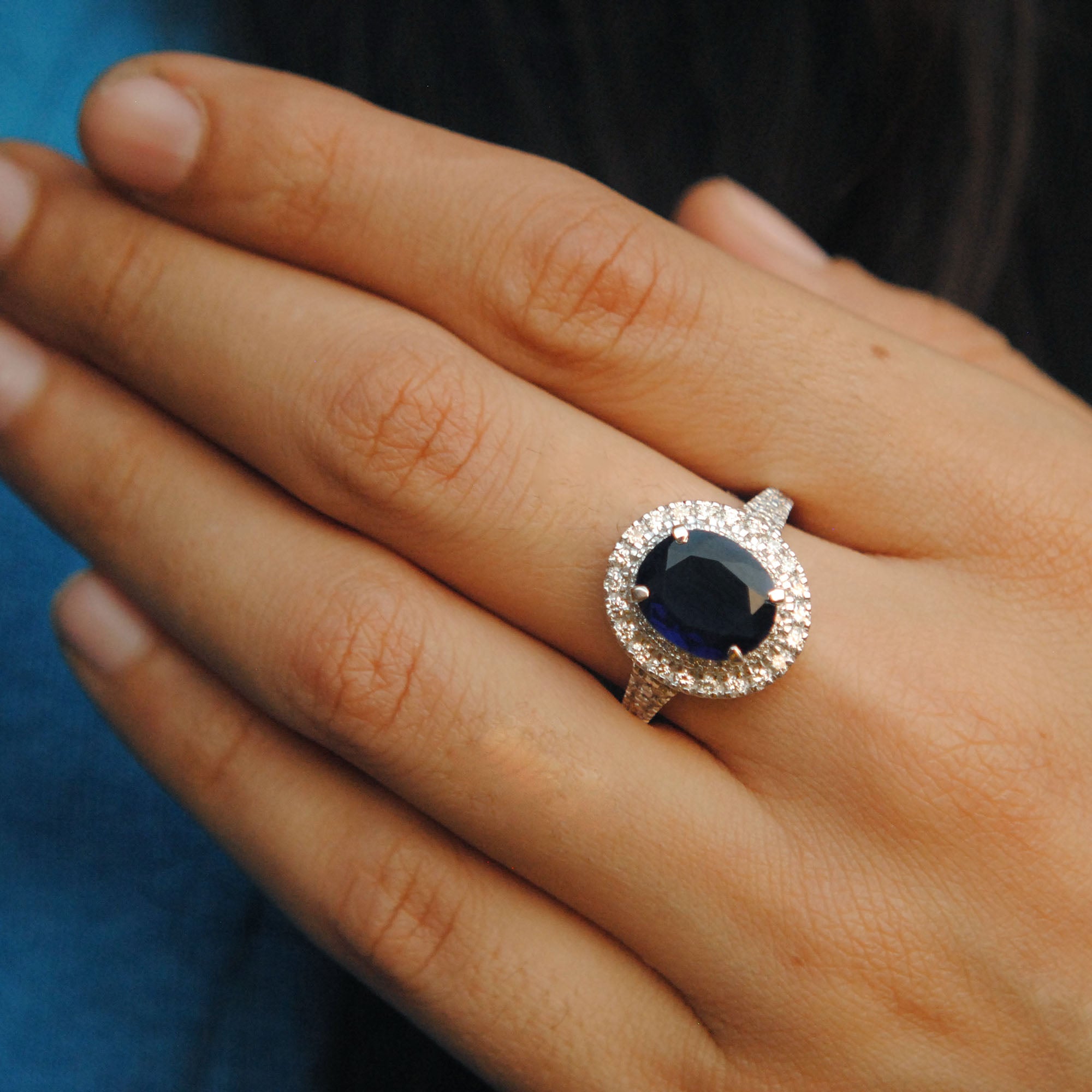 Oval Blue Sapphire & Double Halo with Diamond Studded Shank Engagement Ring