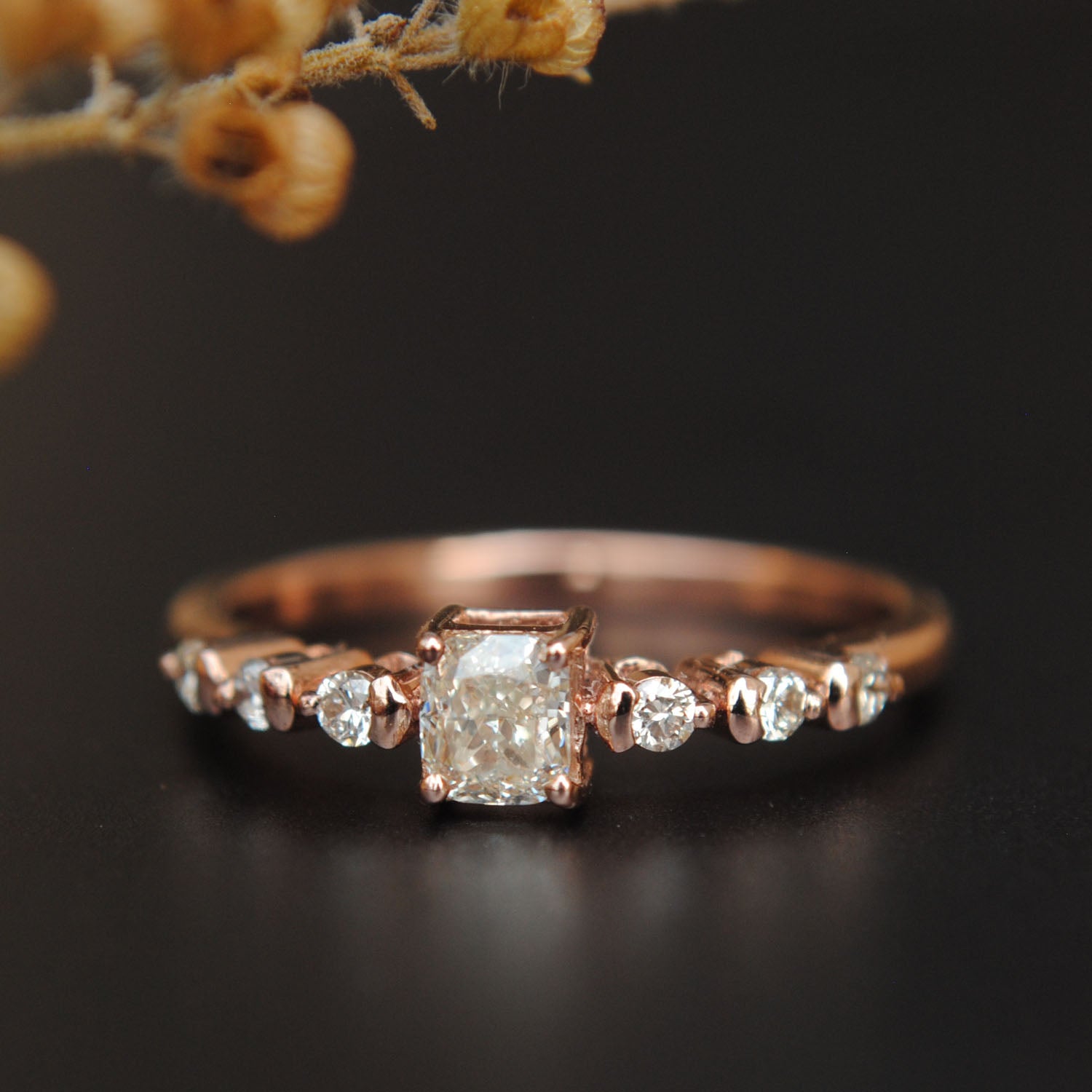 Cushion Cut Art Deco Engagement Ring. 14K Gold Cushion & Round Diamond Ring