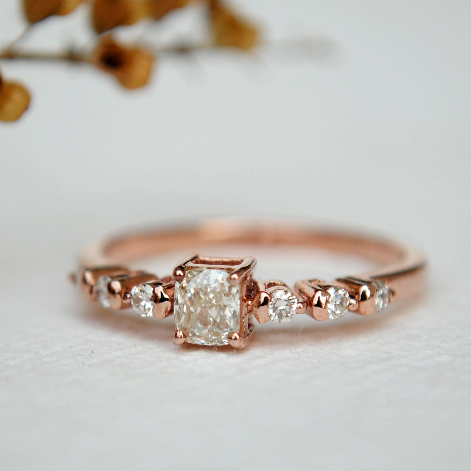 Cushion Cut Art Deco Engagement Ring. 14K Gold Cushion & Round Diamond Ring