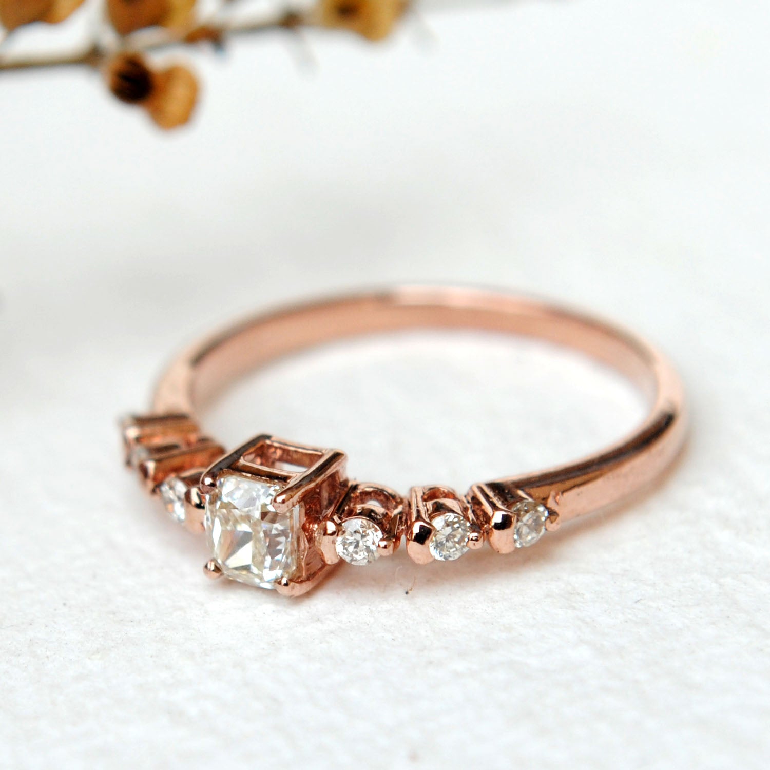 Cushion Cut Art Deco Engagement Ring. 14K Gold Cushion & Round Diamond Ring