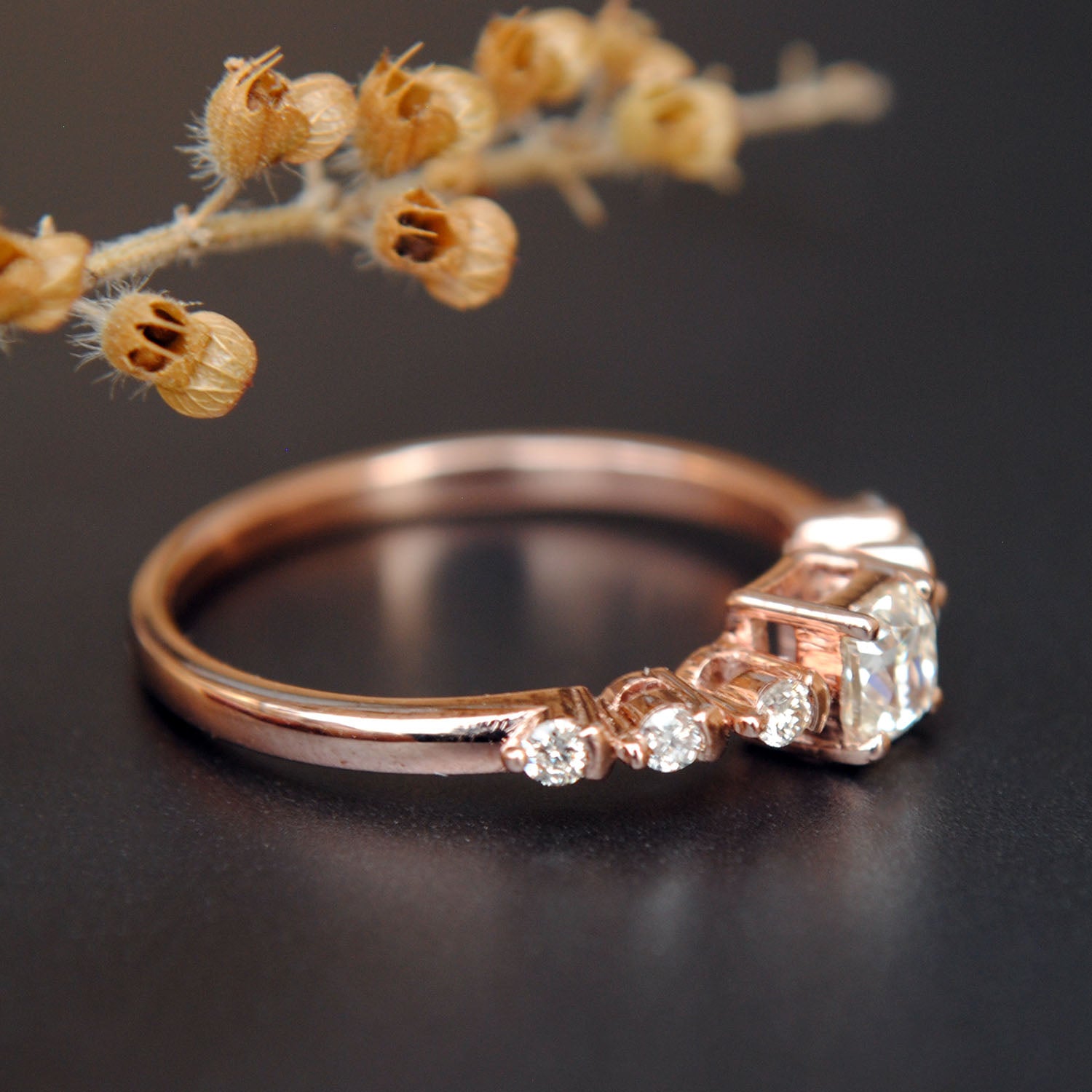 Cushion Cut Art Deco Engagement Ring. 14K Gold Cushion & Round Diamond Ring