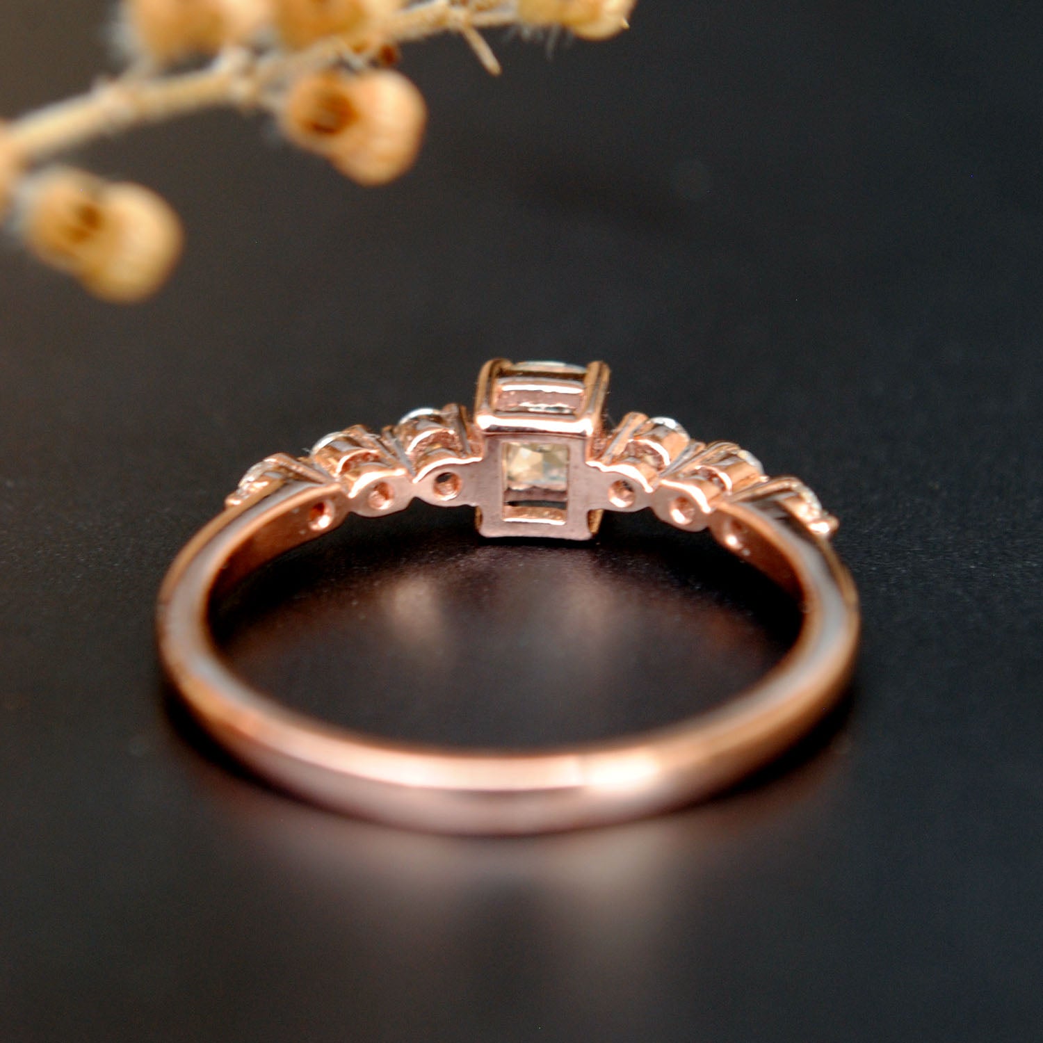 Cushion Cut Art Deco Engagement Ring. 14K Gold Cushion & Round Diamond Ring