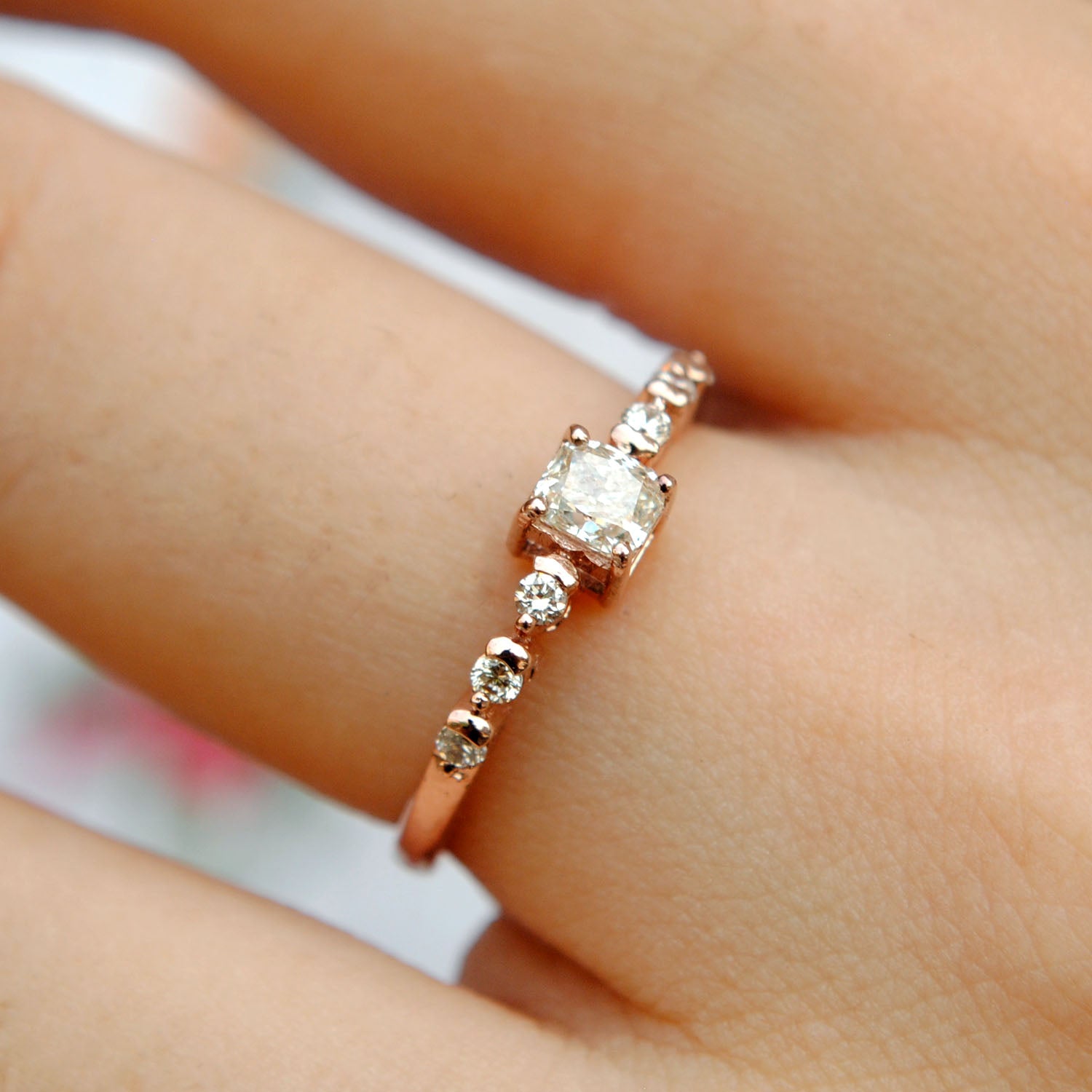 Cushion Cut Art Deco Engagement Ring. 14K Gold Cushion & Round Diamond Ring