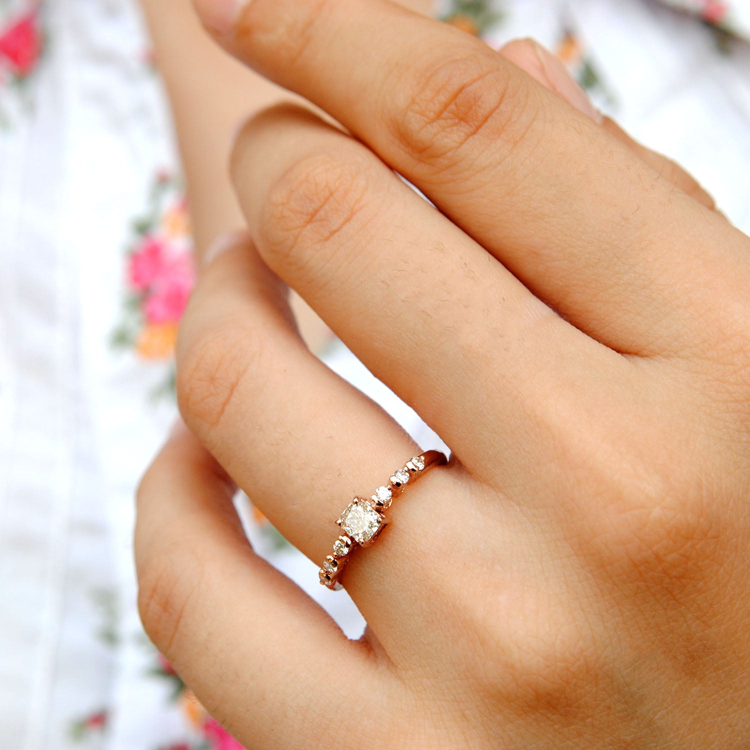 Cushion Cut Art Deco Engagement Ring. 14K Gold Cushion & Round Diamond Ring