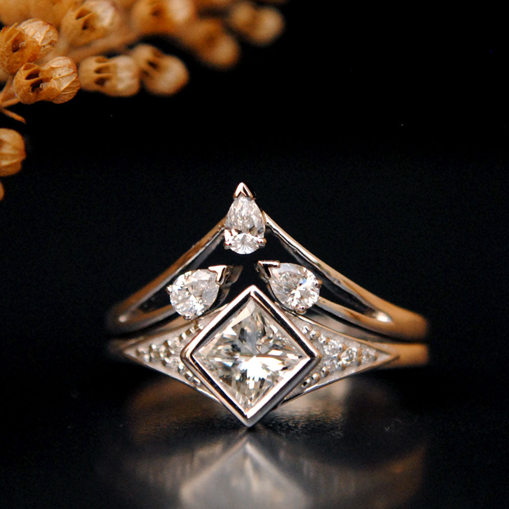 Half Carat Kite Diamond Ring with Pear Chevron Band